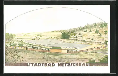 Künstler-AK Netzschkau, Totale mit Stadtbad