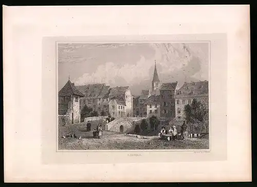 Stahlstich Liestal, Ortsansicht mit Brücke und Kirchturm, Stahlstich um 1835 Henry Winkles