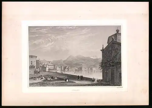 Stahlstich Lugano, Kirche am See mit Alpenblick, Stahlstich um 1835 Henry Winkles