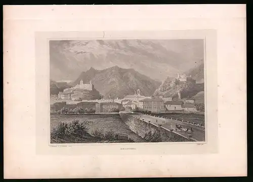 Stahlstich Bellinzona, Ortseingang mit Brücke und Schlössern, Stahlstich um 1835 Henry Winkles