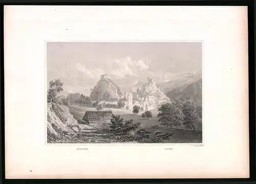 Stahlstich Sitten, Ortsansicht mit Sion, Stahlstich um 1835 Henry Winkles