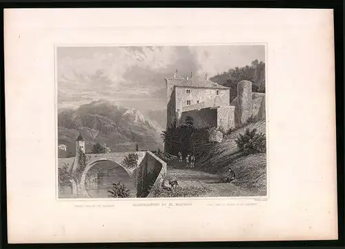 Stahlstich St. Maurice, Ortsansicht mit Rhonebrücke, Stahlstich um 1835 Henry Winkles