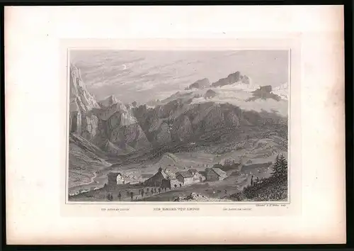 Stahlstich Leuck, Ortsansicht mit Bädern und Alpenblick, Stahlstich um 1835 Henry Winkles