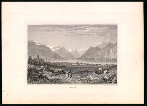 Stahlstich Vevay, Totalansicht mit Kirchpartie und See, Stahlstich um 1835 Henry Winkles