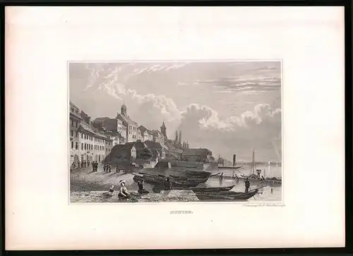 Stahlstich Murten, Ortsansicht mit angelegten Booten, Stahlstich um 1835 Henry Winkles