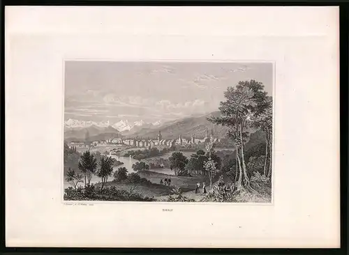 Stahlstich Bern, Totalansicht mit Blick zu den Alpen, Stahlstich um 1835 Henry Winkles