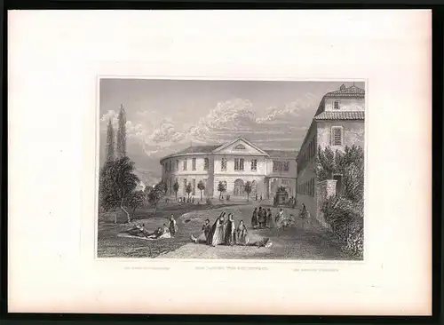 Stahlstich Schinznach, Damen mit ihren Kindern vor den Bädern, Stahlstich um 1835 Henry Winkles