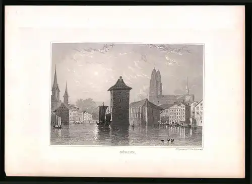 Stahlstich Zürich, Ortsansicht mit Wasserturm und grosse Kirche, Stahlstich um 1835 Henry Winkles