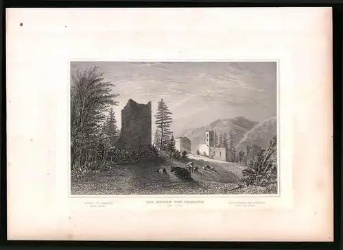 Stahlstich Rhaealta bei Tusis, Blick zu den Ruinen, Stahlstich um 1835 Henry Winkles
