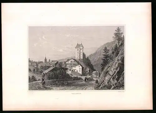 Stahlstich Vallengin, Ortsansicht mit grossem Turm und Kirchpartie, Stahlstich um 1835 Henry Winkles