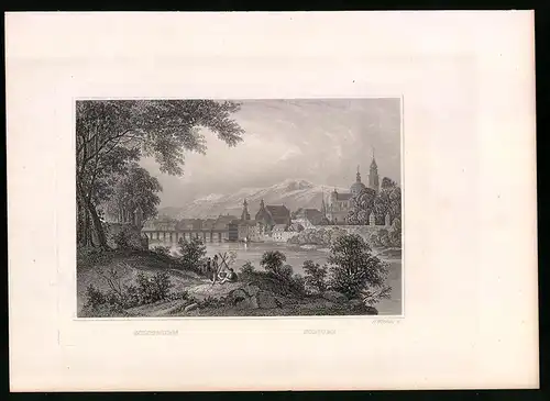 Stahlstich Solothurn, Gesamtansicht mit Ortsbrücke und Kirche, Stahlstich um 1835 Henry Winkles