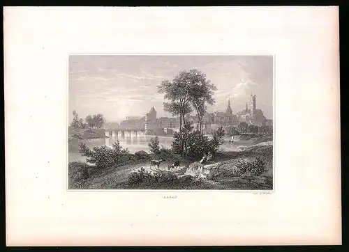 Stahlstich Aarau, Gesamtansicht mit Ortsbrücke und Kirche, Stahlstich um 1835 Henry Winkles