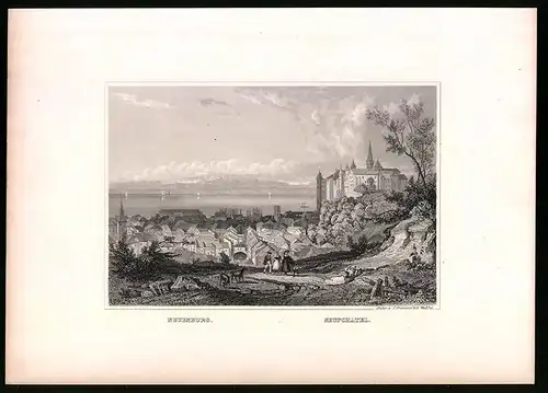 Stahlstich Neuchatel, Gesamtansicht mit Schloss und See, Stahlstich um 1835 Henry Winkles