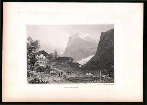 Stahlstich Wetterhorn, Landhaus mit Blick zum Berggipfel, Stahlstich um 1835 Henry Winkles