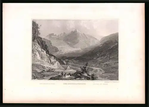 Stahlstich Rhonegletscher, Schäfer im Tal mit Bergpanorama, Stahlstich um 1835 Henry Winkles