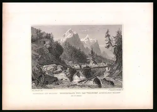 Stahlstich Rosenlaui, Wanderer überquert den Reichenbach, Berg Wellhorn, Stahlstich um 1835 Henry Winkles