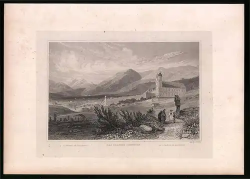 Stahlstich Dissentis, Ortsansicht mit Kloster, Stahlstich um 1835 Henry Winkles
