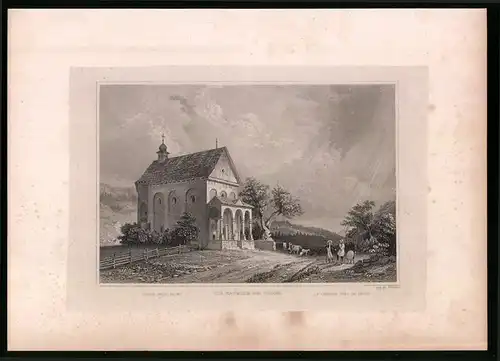 Stahlstich Trons, Schäfer vor der Kapelle, Stahlstich um 1835 Henry Winkles
