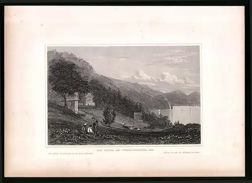 Stahlstich Vierwaldstätter See, Schäfer auf der Weide mit Seeblick, Stahlstich um 1835 Henry Winkles