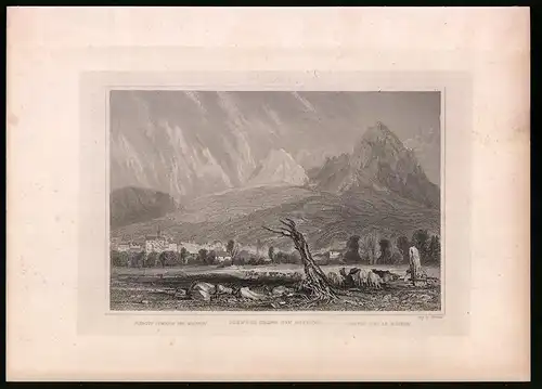 Stahlstich Schwytz, Ortsansicht mit Berg Miethen, Stahlstich um 1835 Henry Winkles