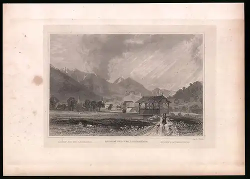 Stahlstich Sarnem, Ortspartie mit Blick zum Landenberg, Stahlstich um 1835 Henry Winkles