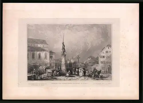 Stahlstich Stanz, Arnold von Winkelried`s Brunnen, Stahlstich um 1835 Henry Winkles