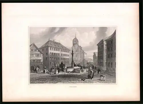 Stahlstich Trogen, Ortsansicht mit Kirche und Marktplatz, Stahlstich um 1835 Henry Winkles