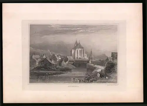 Stahlstich Appenzell, Ortsansicht mit Blick zur Kirche, Stahlstich um 1835 Henry Winkles