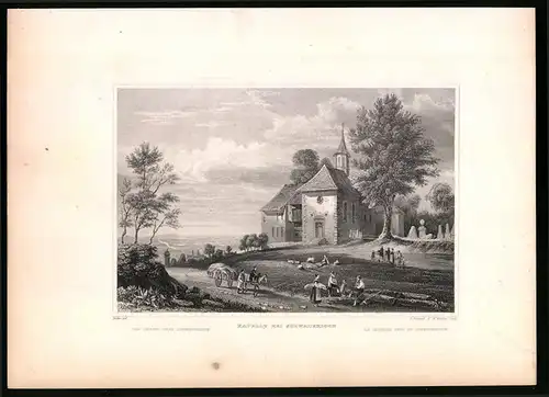 Stahlstich Schwaderloch, Kapelle mit Friedhof, Stahlstich um 1835 Henry Winkles