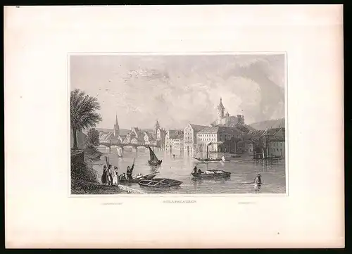 Stahlstich Schaffhausen, Ortsansicht mit Brücke und Schloss, Stahlstich um 1835 Henry Winkles