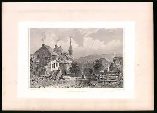 Stahlstich St. Jacob b. Basel, Ortsansicht mit Kirche, Stahlstich um 1835 Henry Winkles