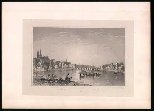 Stahlstich Basel, Flusspartie mit Brücke und Kirche, Stahlstich um 1835 Henry Winkles