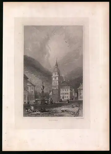 Stahlstich Altdorf, Marktplatz mit Brunnen und Kirchturm, Stahlstich um 1835 Henry Winkles