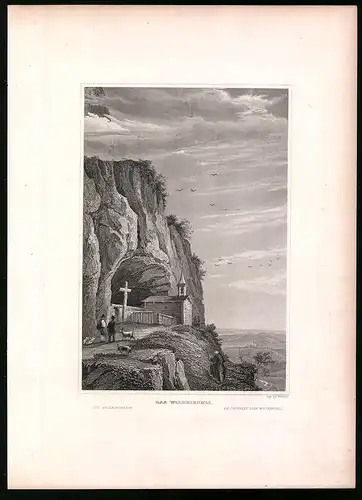 Stahlstich Wildkirchli, Blick zur Kapelle, Stahlstich um 1835 Henry Winkles