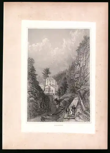 Stahlstich Pfeffers, Ortsansicht mit Flusspartie, Stahlstich um 1835 Henry Winkles