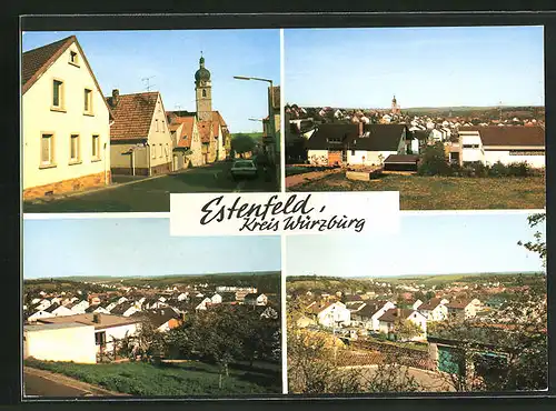 AK Estenfeld bei Würzburg, Strassenpartie mit Kirche, Totalansicht