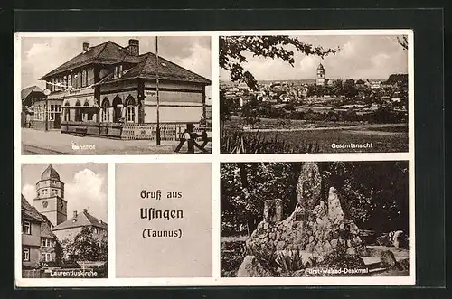 AK Usingen /Taunus, Bahnhof, Laurentiuskirche, Fürst Walrad-Denkmal