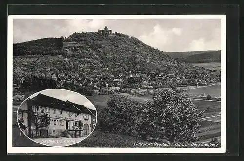 AK Neustadt i. Odw., Gasthaus z. Krone, Ortsansicht mit Burg Breuberg