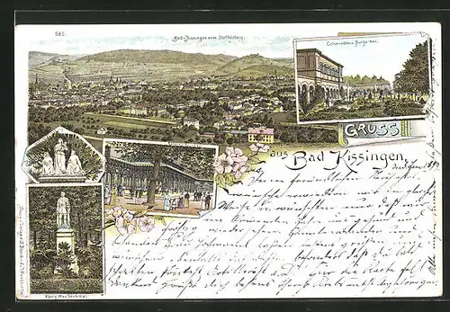 Lithographie Bad Kissingen, Colonnaden u. Kurgarten, Rakoczy-Brunnen