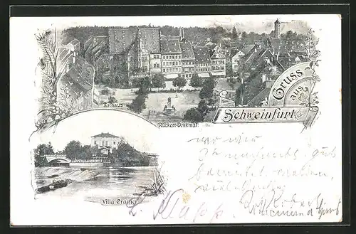 AK Schweinfurt a. M., Villa Cramer, Rathaus mit Rückert-Denkmal