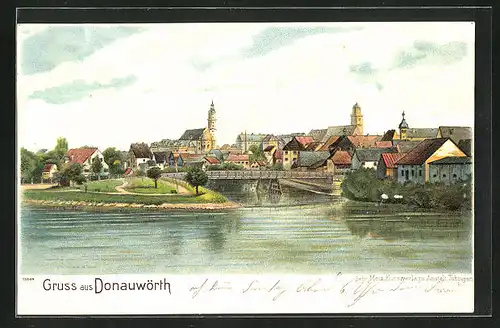 Lithographie Donauwörth, Flusspartie mit Kirche