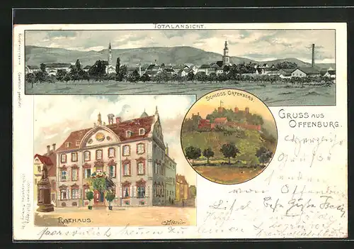 Lithographie Offenburg, Rathaus, Schloss Ortenberg, Totalansicht