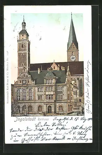 Goldfenster-AK Ingolstadt, Rathaus mit leuchtenden Fenstern