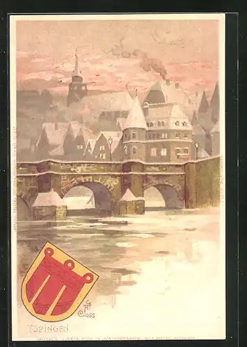 Künstler-AK Tübingen, Neckarbrücke im Winter