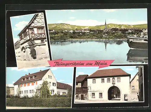AK Thüngersheim am Main, Teilansicht und Boot, Tor, Gebäudeansicht