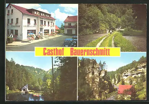 AK Kirchenbirkig /Pottenstein, Gasthof-Pension-Café Bauernschmitt, Uferpartie mit Booten, Ortspartie