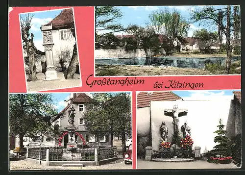 AK Grosslangheim bei Kitzingen, Uferpartie mit Bäumen, Denkmal, Jesuskreuz