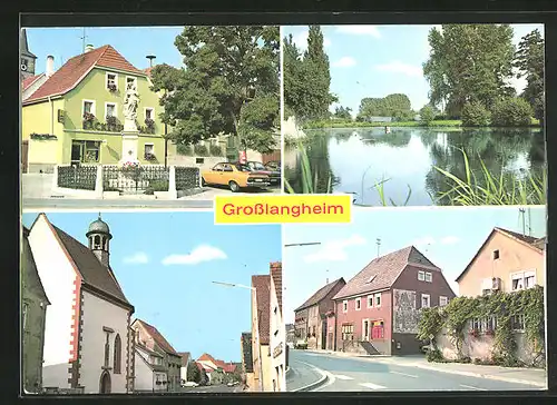 AK Grosslangheim b. Kitzingen, Strassenpartie mit Geschäft, Kirche, Denkmal