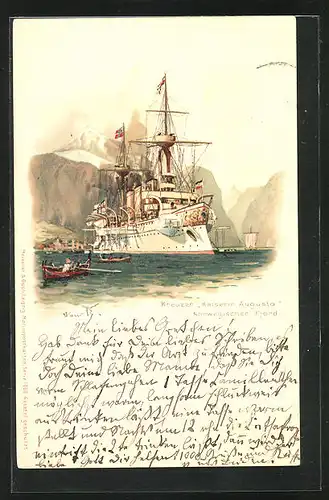 Künstler-AK Hans Bohrdt: Kriegsschiff Kaiserin Augusta im norwegischen Fjord