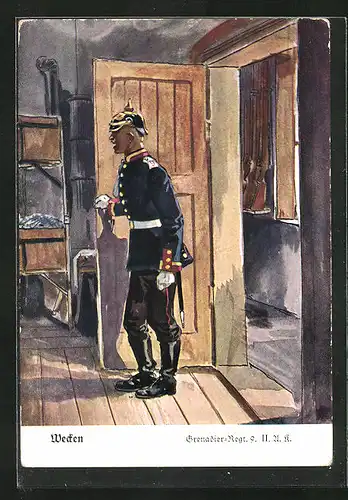 Künstler-AK Döbrich-Steglitz: Soldat beim Wecken, Grenadier-Regt. 9. II. U. R.